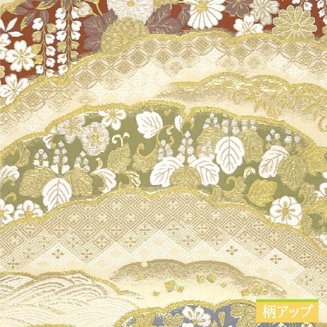 【未仕立】袋帯 正絹 NEWランク 織匠小平 西陣織 淡黄蘗色(うすきはだいろ) 蒔絵四季聚華 唐織 帯丈433cm 六通 フォーマル クリーム系 1123018161315