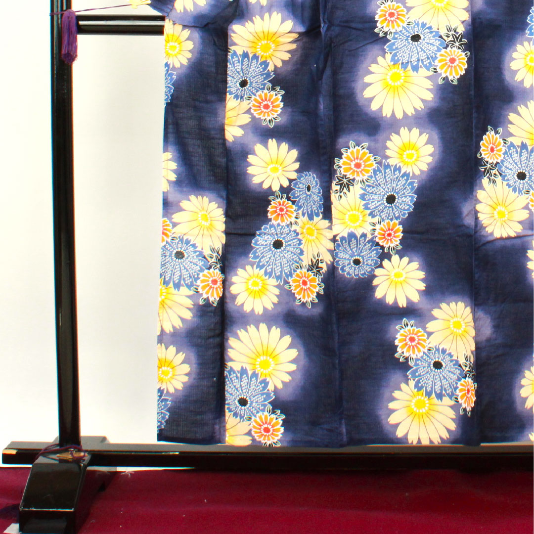 浴衣 マリーゴールド 木綿 Sランク 単衣 身丈154.5cm 裄丈62cm 紺系 1118002102218