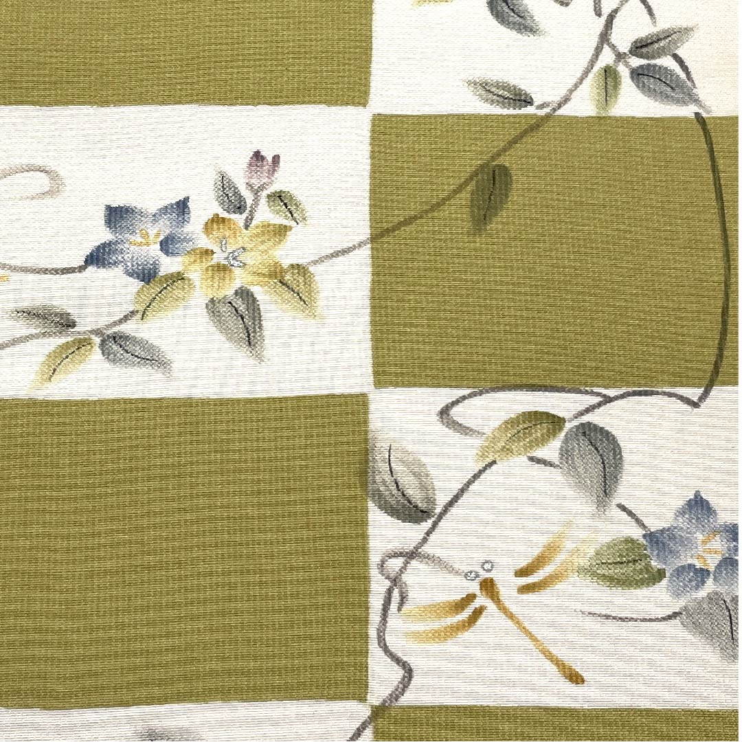 袋帯 梨子色(なしいろ) とんぼ 桔梗 染め帯 帯丈456cm 正絹 Aランク ポイント柄 カジュアル 緑系 1123008863419