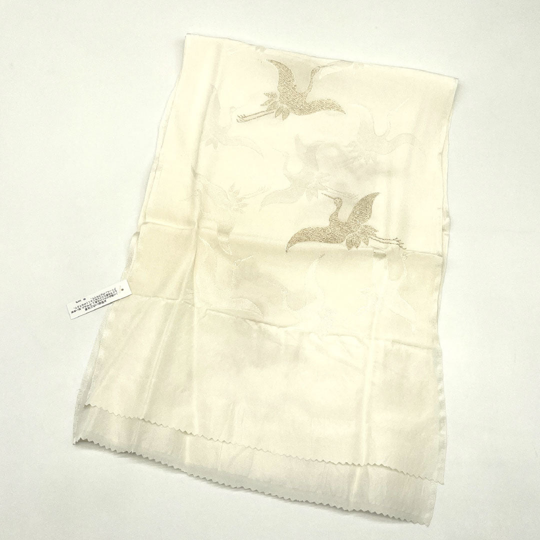 (New Old Stock) Obiage and Obijime Set, Pure Silk, NEW Rank, White (Shiroiro), Off-white (Nyuhakushoku), Classic Patterns, Cranes, Length approx. 160cm, Width approx. 1.7cm, Formal, White Color Scheme, 1141000461311
