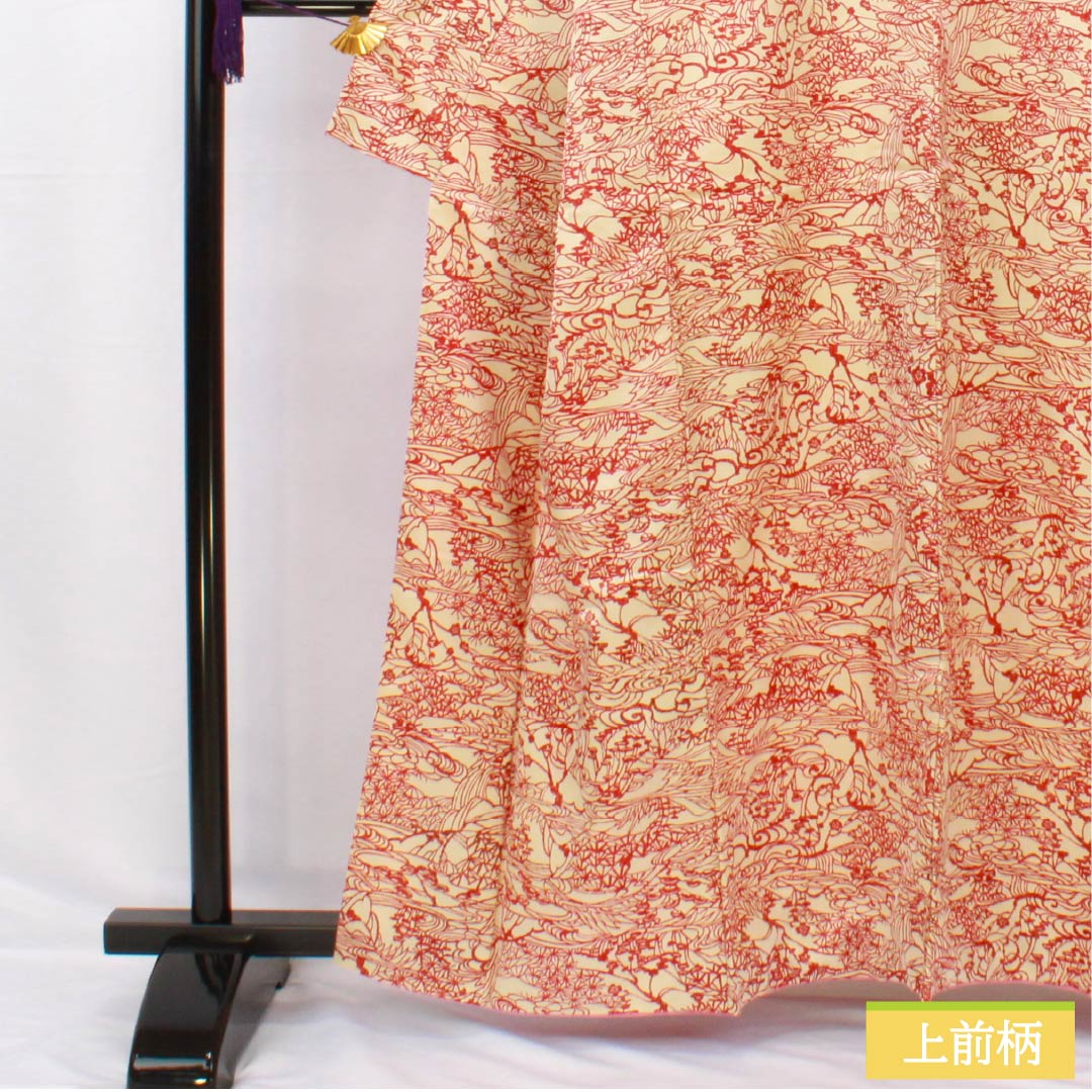 小紋 正絹 身丈162cm 裄丈63cm 袷 東京白茶色(とうきょうしらちゃいろ) 線描き風景画 風景 Sランク クリーム系 1115005222415