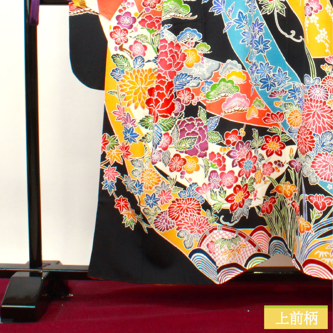 振袖 正絹 身丈157cm 裄丈63cm 袷 京紅型 草花模様 Sランク 黒系 1113001862310