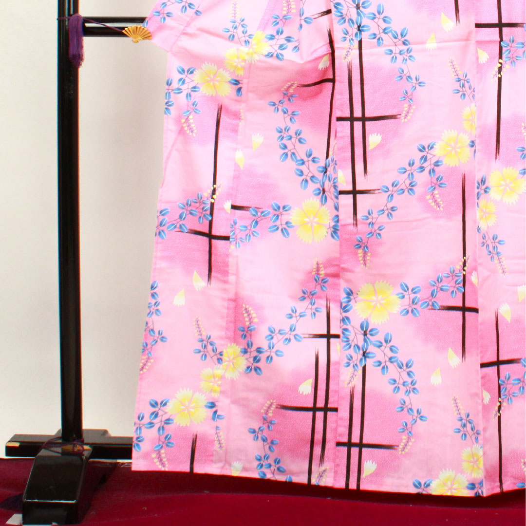 Yukata, medium crimson color, pink, bush clover, cotton, S rank, single layer, length 166cm, sleeve length 66cm, pink, 1118002812513