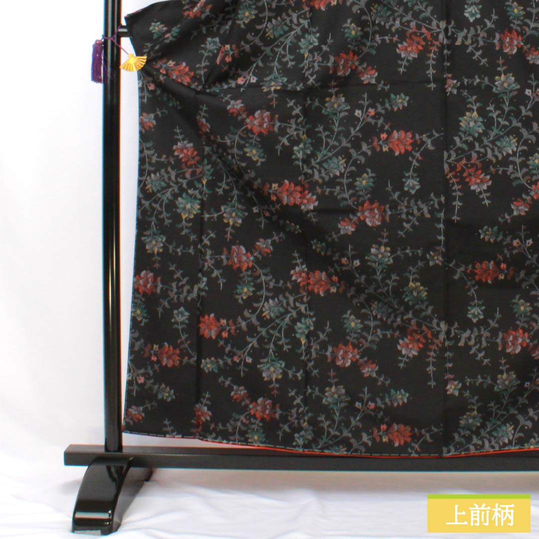 紬 正絹 Sランク 身丈160cm 裄丈64cm 村山大島 草花 しつけ糸付き 袷 黒系 1116004322410