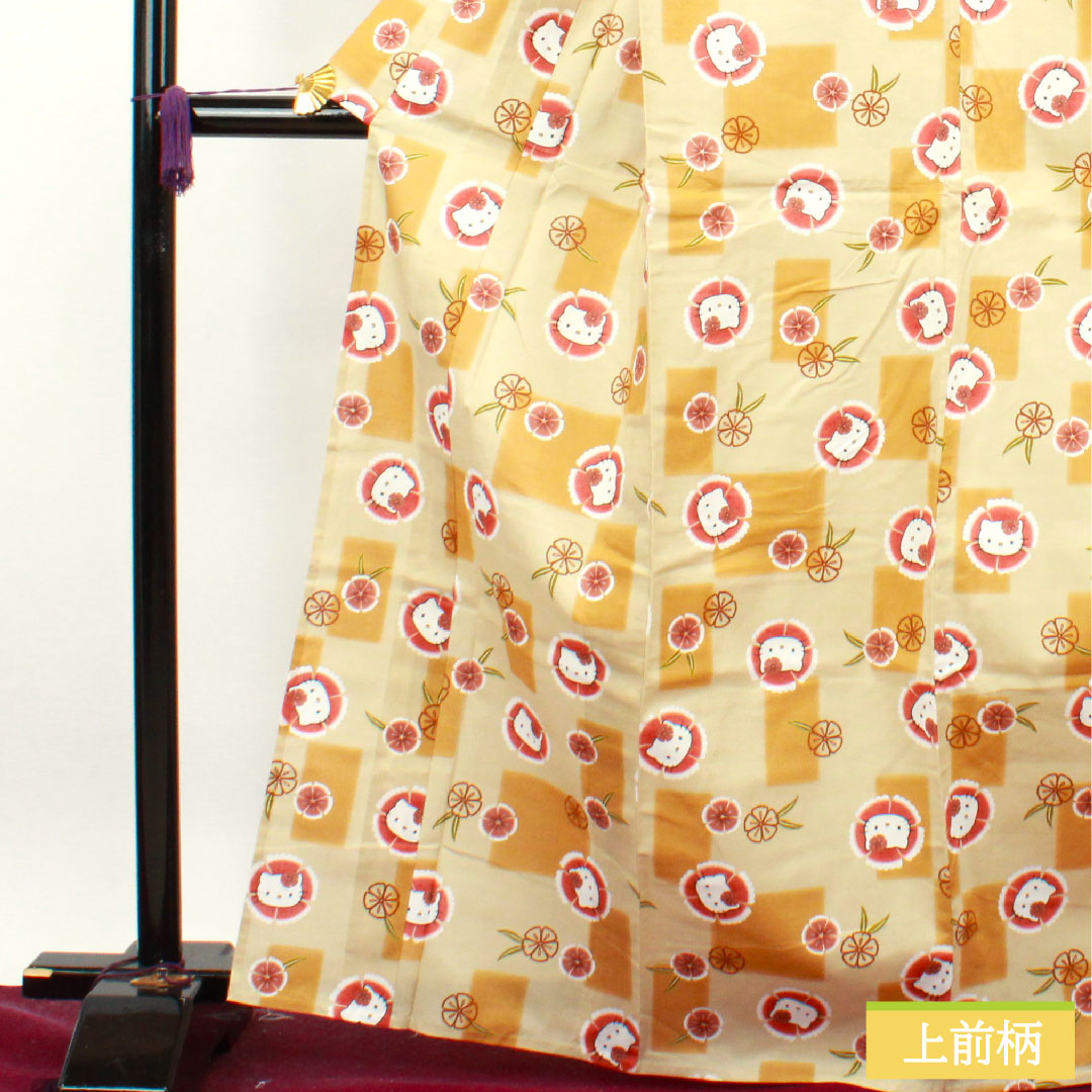 浴衣 木綿 身丈167.5cm 裄丈68cm Sランク 単衣 ベージュ系 蕎麦切色(そばきりいろ) ハローキティ 撫子 1118004832525