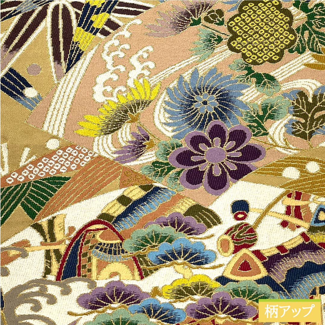 袋帯 胡桃色(くるみいろ) 白綾苑大庭 吉祥文様 松竹梅 帯丈418cm 正絹 Sランク 六通 フォーマル ベージュ系 1123010132325