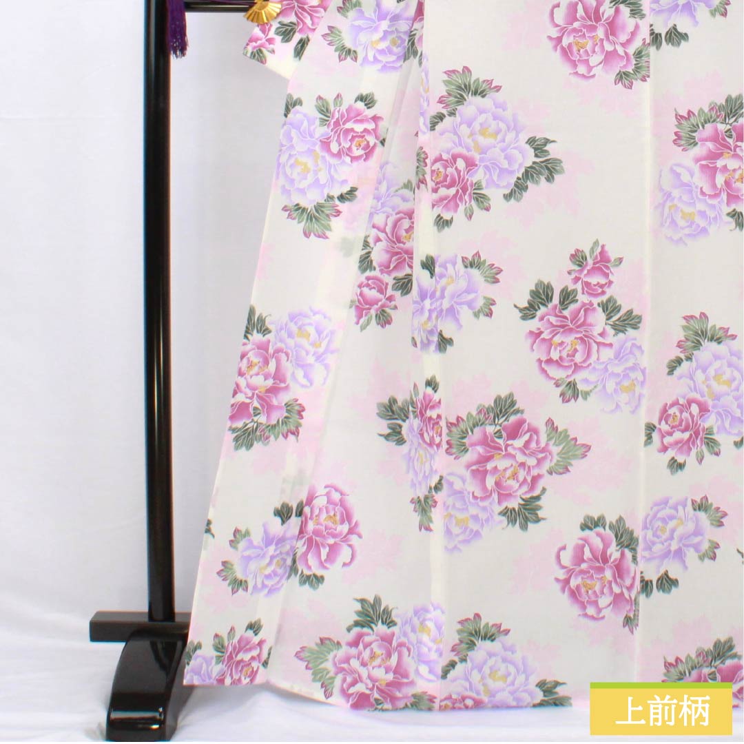Yukata Polyester Length 166cm Sleeve length 69cm S rank Single layer White Peony Kimono Doraku 1118005352511