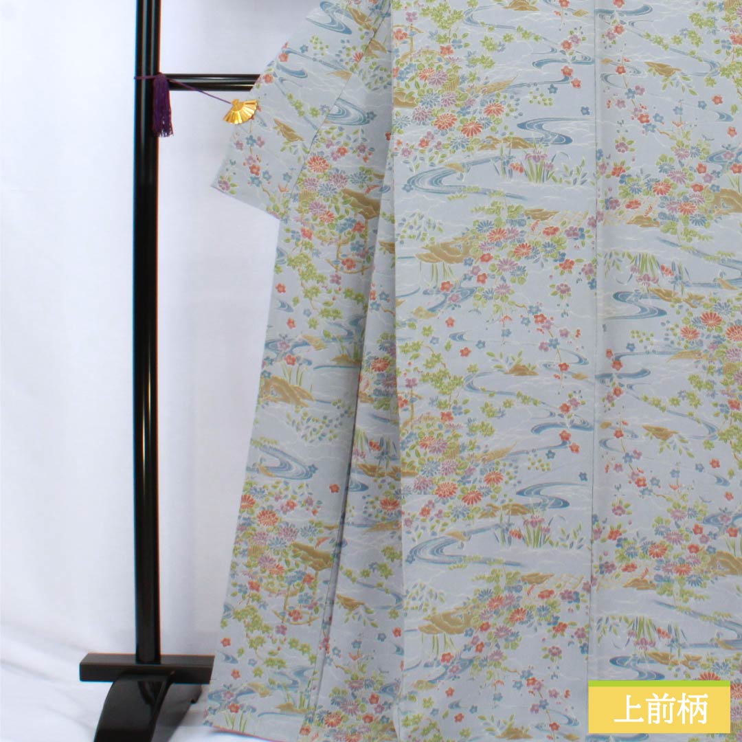 Small-patterned polyester kimono, S rank, length 166cm, sleeve length 66cm, lined, blue-gray (seitai-nezuiro) with flowing water and floral motifs, washable, light blue, 1115007392524