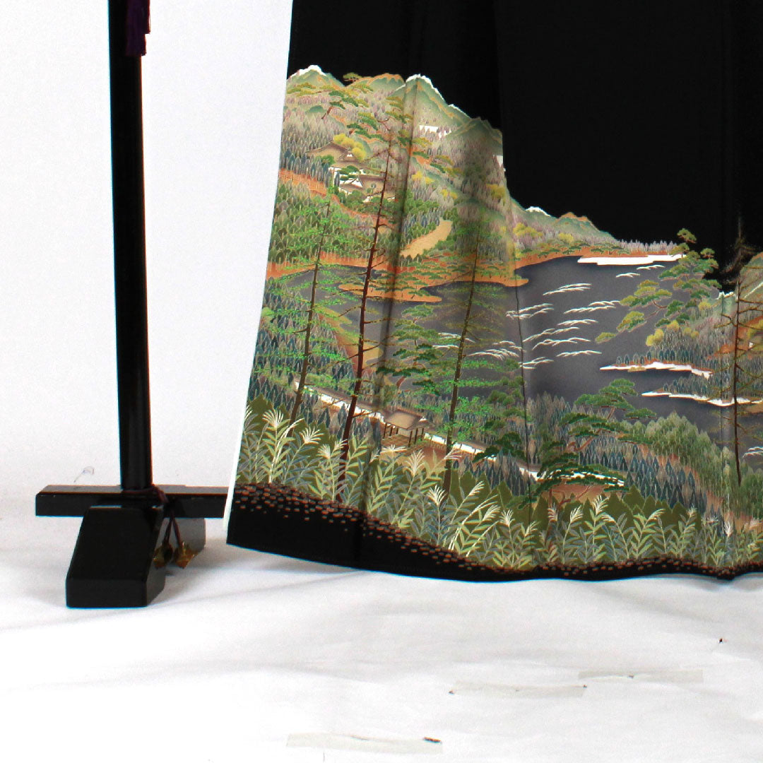 黒留袖 身丈165.5cm 裄丈65cm 袷 風景模様 下がり藤に三ツ割銀杏 正絹 Sランク 五つ紋 黒系 1111000262510