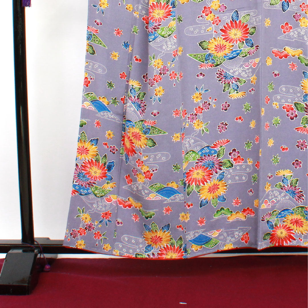 小紋 身丈158cm 裄丈66.5cm 袷 藤鳩羽色 型染 菊 正絹 Aランク 紫系 1115002413320
