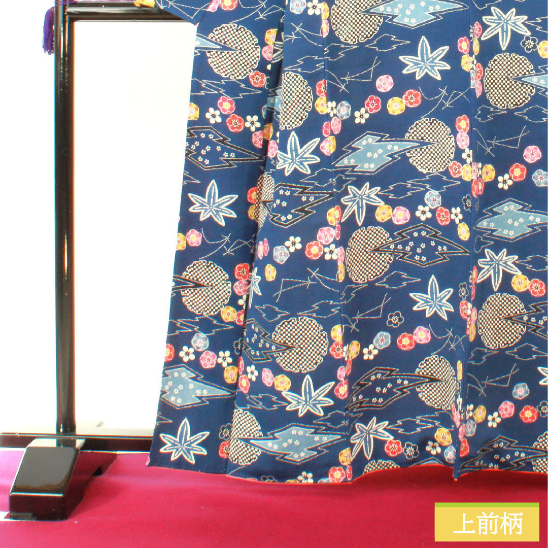 小紋 正絹 身丈162cm 裄丈65cm 袷 鉄葡萄色(てつぶどういろ) 京紅型 吉祥文様 Aランク 紺系 1115004453418