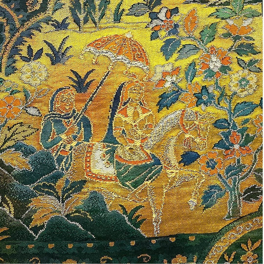 袋帯 ペルシャ模様 玉虫色 帯丈417cm 正絹 Sランク 六通 セミフォーマル 緑系 1123008432319