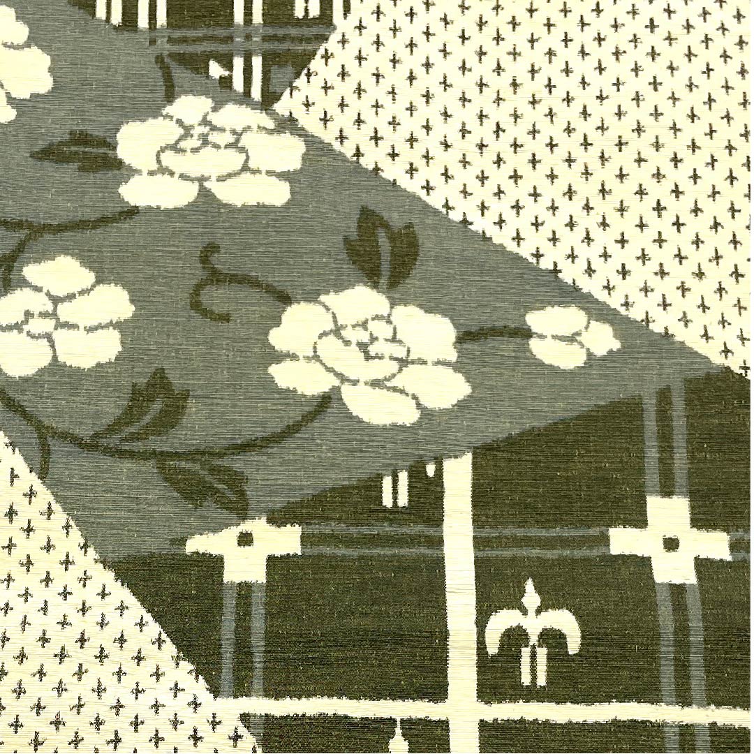 名古屋帯 麹色 紬地 切り嵌め風 燕 花 動物柄バティック柄 帯丈355.5cm 正絹 Sランク 全通 カジュアル クリーム系 1124004552315 名古屋仕立て