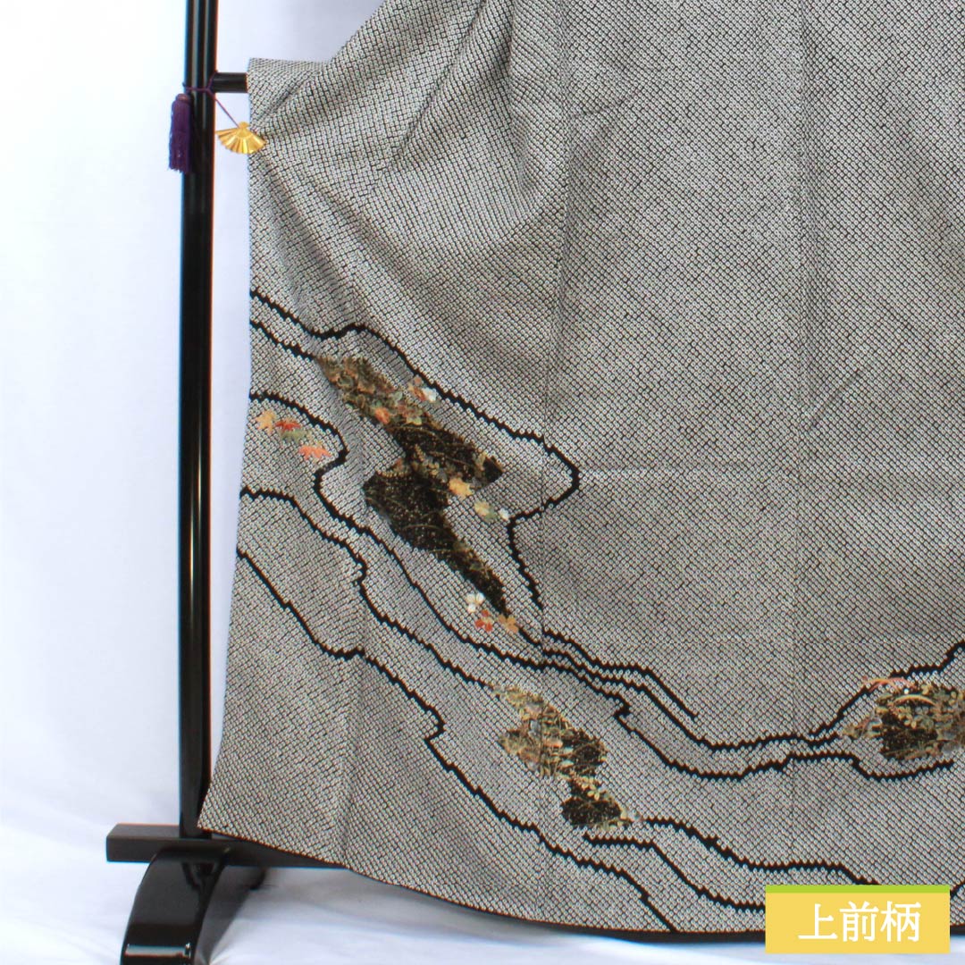 訪問着 正絹 Bランク 袷 身丈166cm 裄丈66cm 総絞り 草花 部分刺繍 黒系 1112007004510