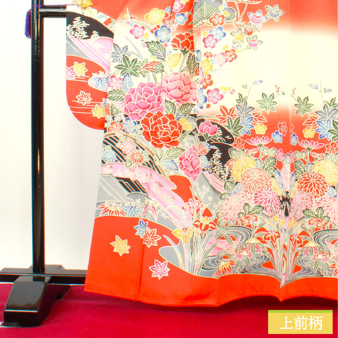 振袖 正絹 身丈162.5cm 裄丈63.5cm 袷 銀朱色(ぎんしゅいろ) 京紅型 吉祥文様 Sランク 朱系 1113002112416