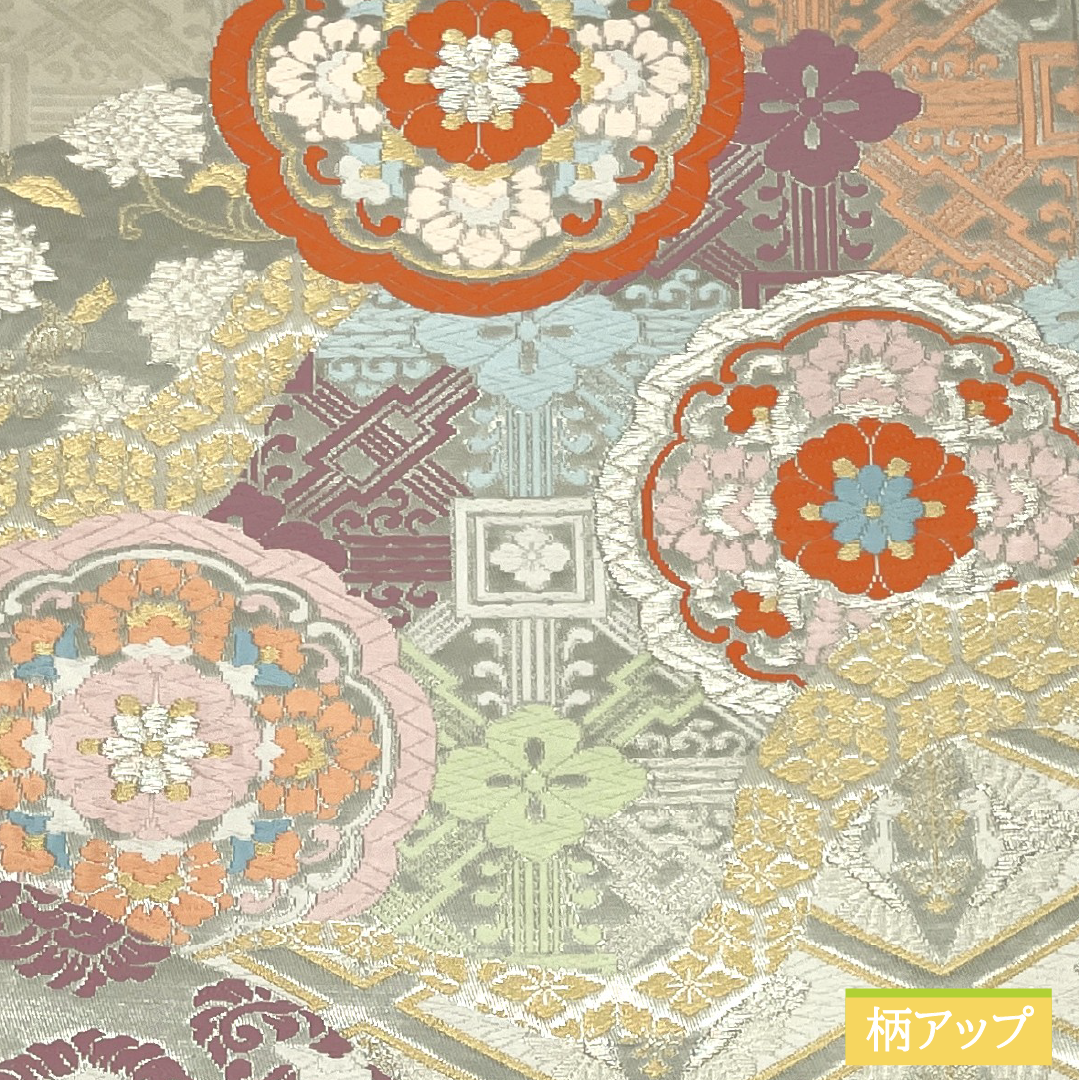 袋帯 正絹 Sランク 吉祥文様 西陣織 帯丈428cm ポイント柄 フォーマル 銀系 1123017332322