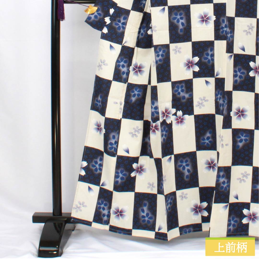 浴衣 木綿 身丈162cm 裄丈69cm Bランク 単衣 グラデーション系 生成り色(きなりいろ) 濃紺色(のうこんいろ) 市松模様 桜 1118005994499