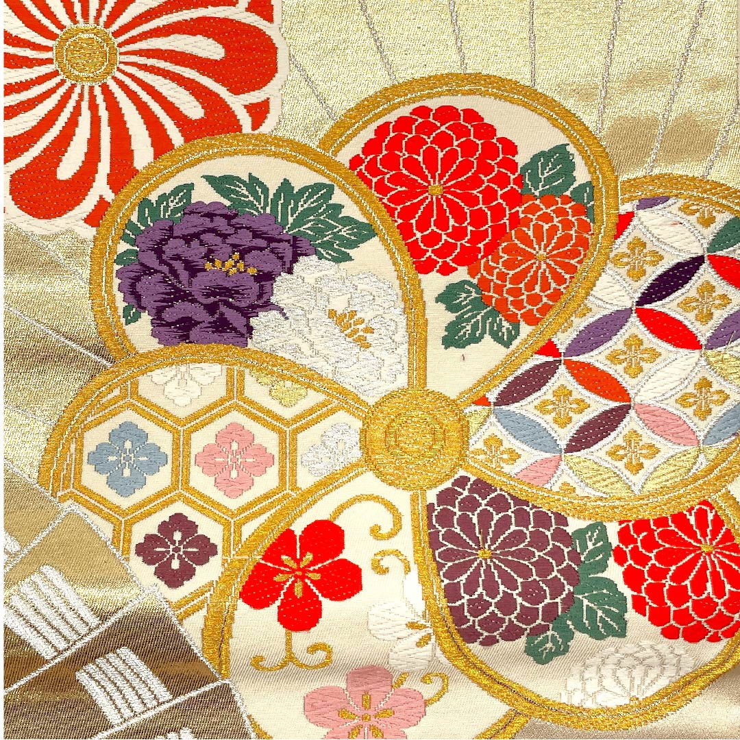 袋帯 生成り色(きなりいろ) 古典梅 吉祥文様 扇面 帯丈442cm 正絹 Sランク 六通 フォーマル クリーム系 1123002762315