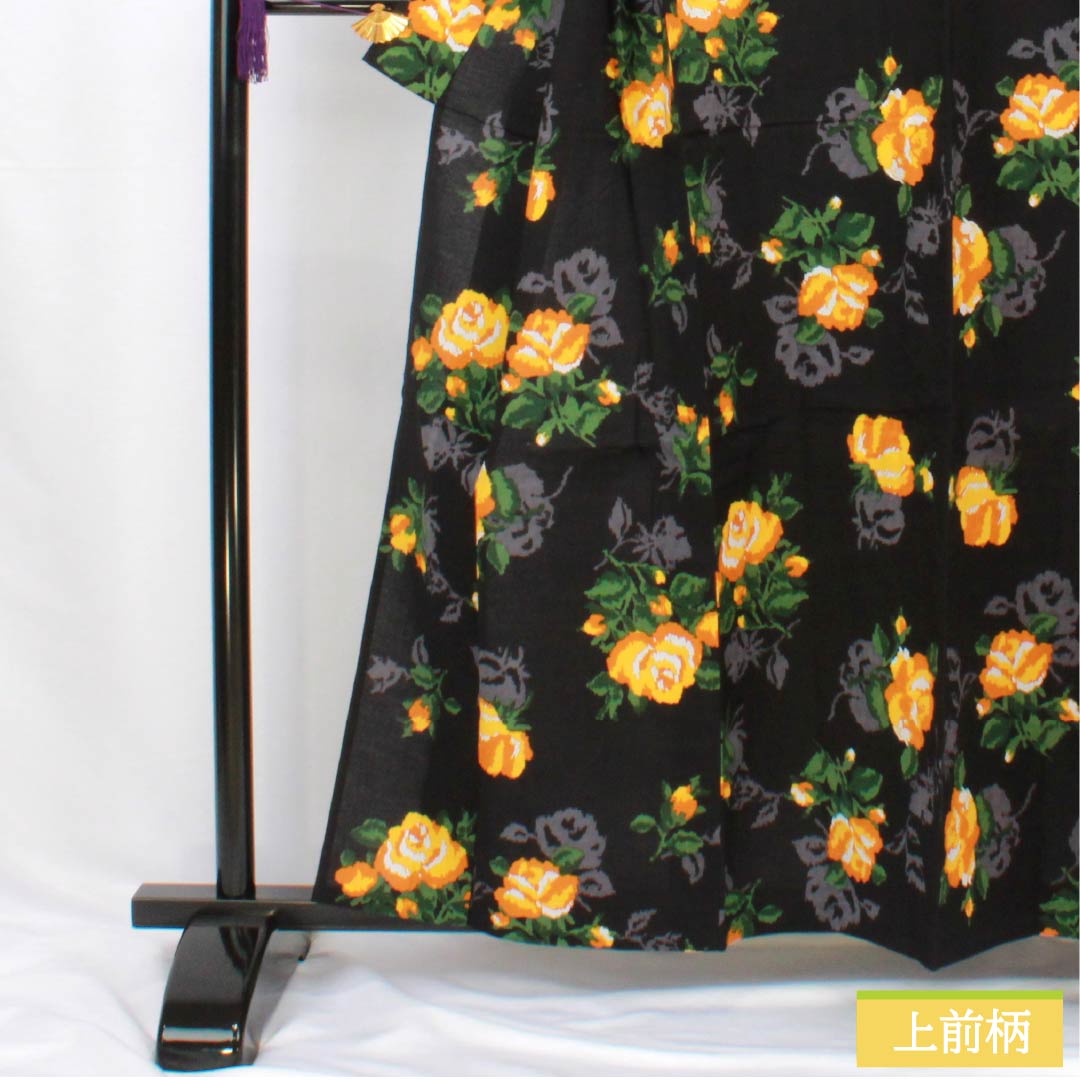 浴衣 木綿 身丈159.5cm 裄丈66cm Aランク 単衣 黒系 薔薇 1118005793310