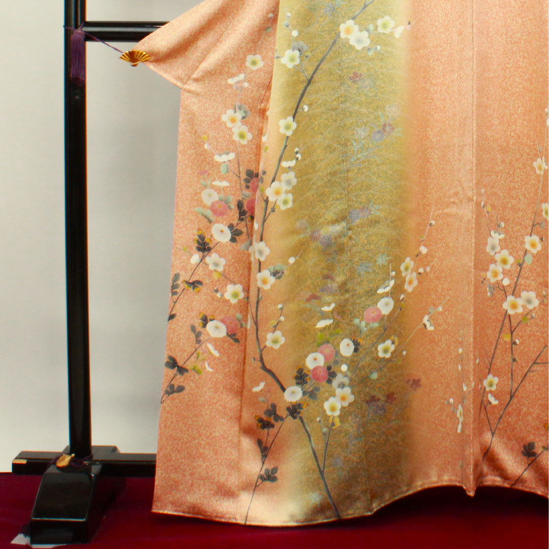 訪問着 正絹 袷 身丈163.5cm 裄丈64cm 朱華色 タタキ染 梅 菊 作家物 Sランク 朱系 1112003252416