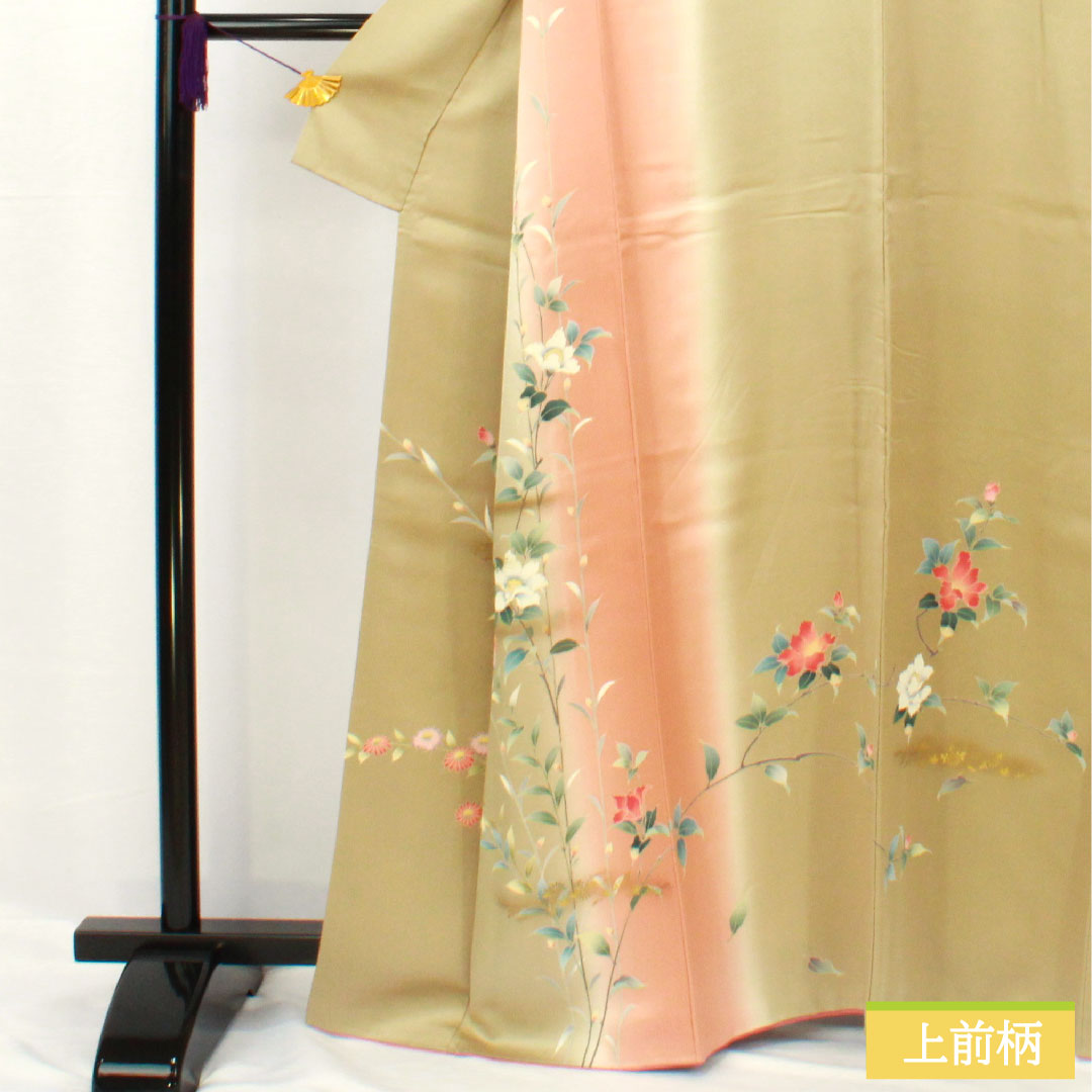 訪問着 正絹 袷 身丈163cm 裄丈68cm 亜麻色(あまいろ) 京友禅 草花模様 Aランク 緑系 1112005963419