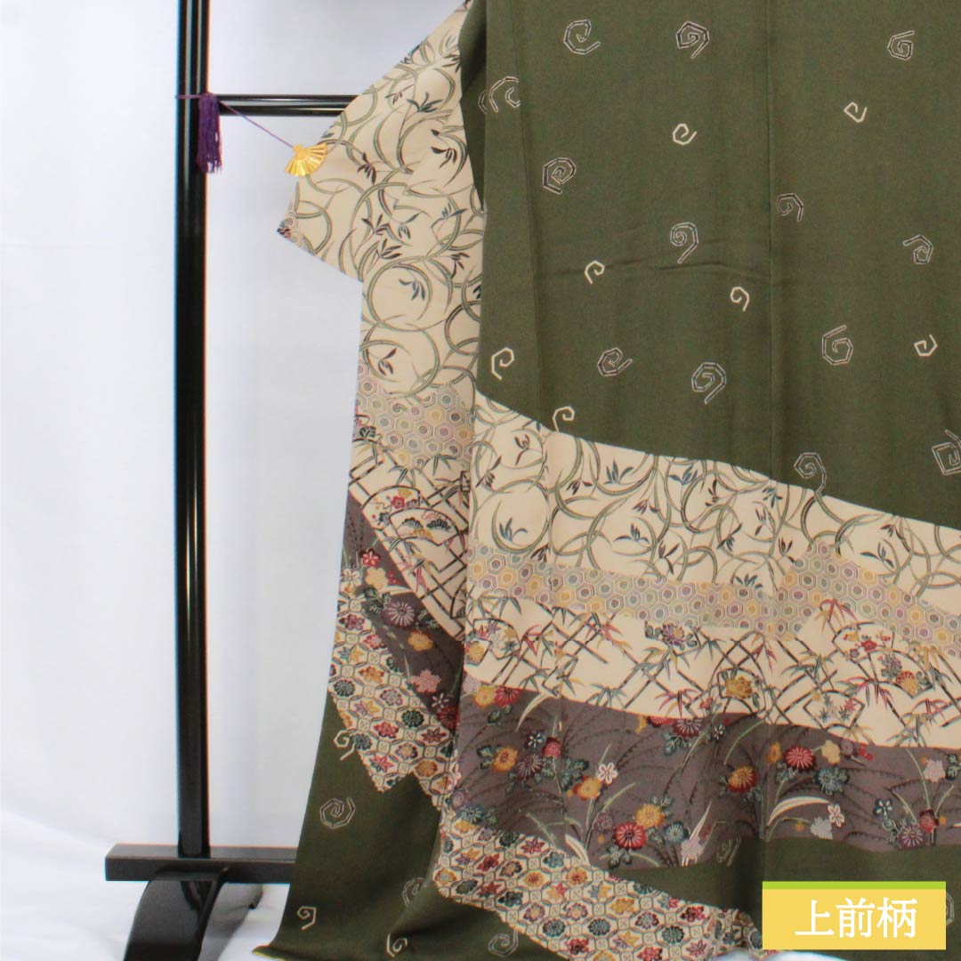 訪問着 正絹 Sランク 袷 身丈168cm 裄丈69.5cm 藍海松茶色(あいみるちゃいろ) 京紅型 紅型調 草花 渦巻き 緑系 1112006652519