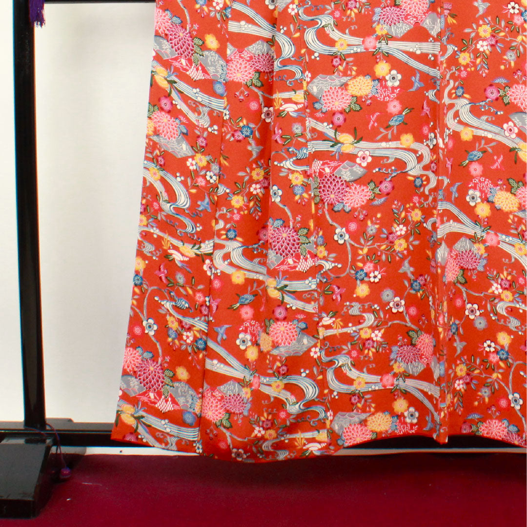 小紋 身丈157.5cm 裄丈64.5cm 袷 赭色 京紅型 草花模様 正絹 Sランク 茶系 1115002462314