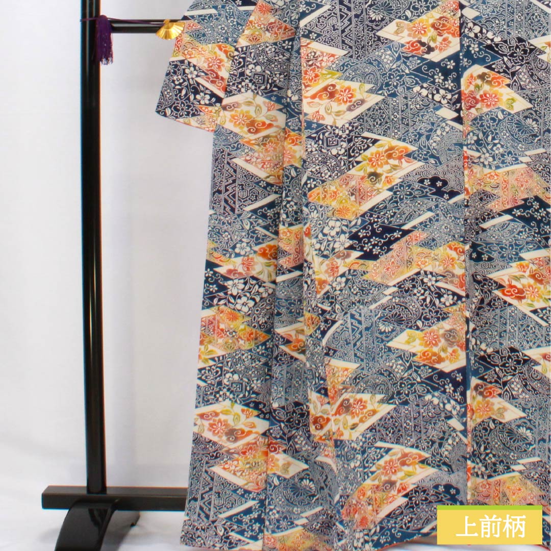 Komon (small pattern) kimono, pure silk, length 165cm, sleeve length 63cm, lined, navy blue (kon-iro) and Berlin blue (berensu-iro), stencil dyeing, Shosoin pattern, A rank, blue, 1115006203517
