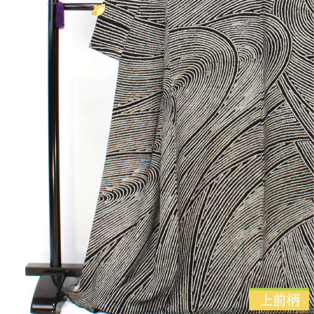 小紋 正絹 身丈171cm 裄丈67.5cm 袷 総絞り 波 Bランク 黒系 1115004724610