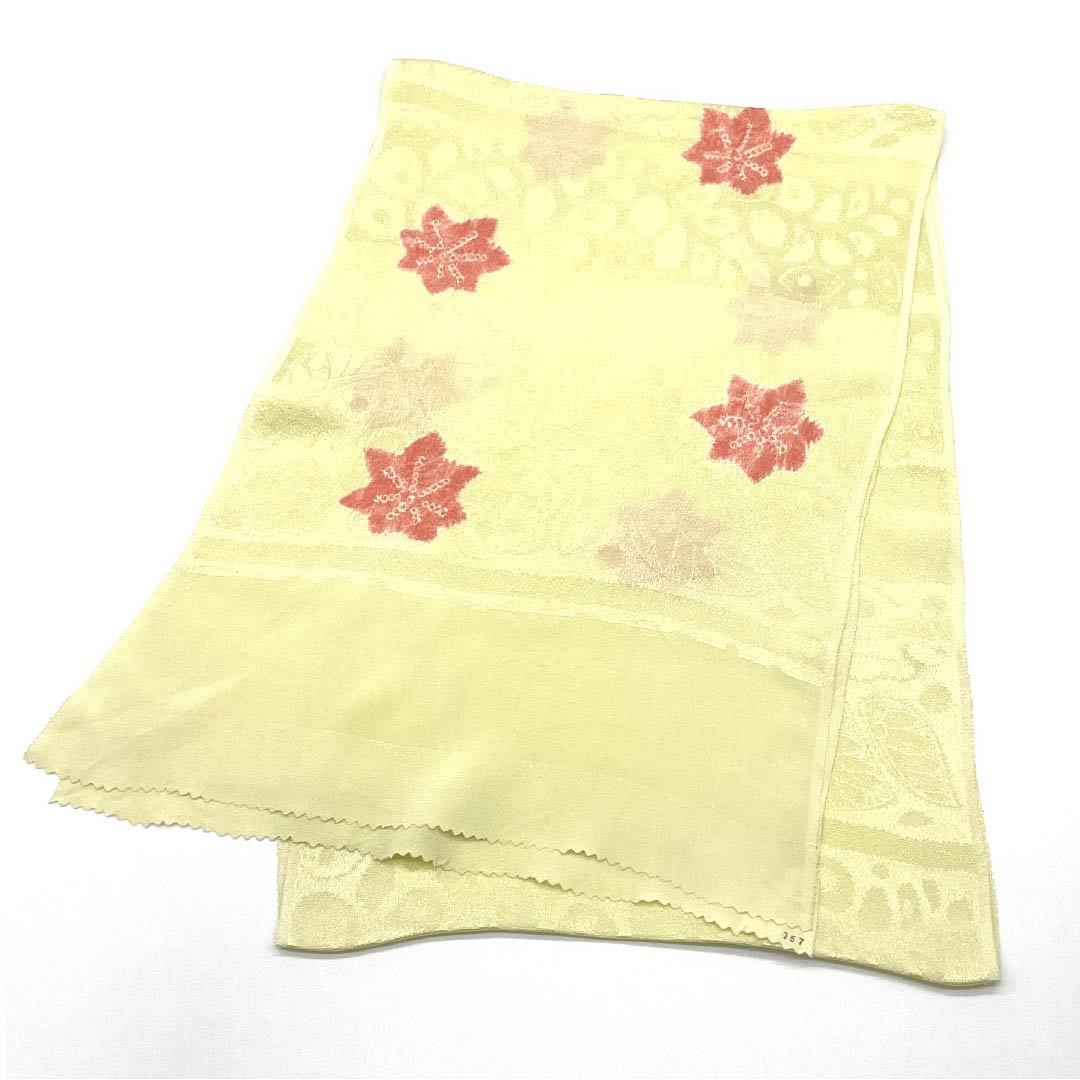 Obiage, pure silk, semi-formal, donkoshoku, tie-dye, autumn leaves, plants, length 168cm, width 27cm, S rank, cream, 1136000312915