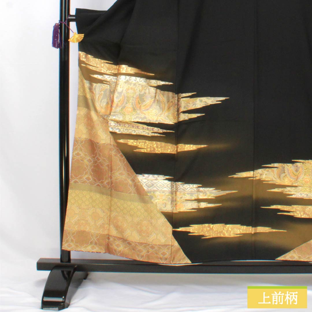 黒留袖 正絹 Sランク 身丈157.5cm 裄丈61.5cm 袷 金彩加工 五つ紋 丸に三つ柏 作家物 吉祥文様 五つ紋 黒系 1111001972310