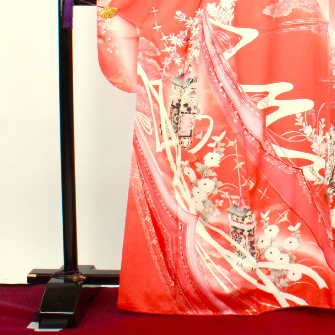 振袖 身丈166cm 裄丈63cm 袷 中紅色 鉾 草花模様 正絹 Aランク 朱系 1113001463516