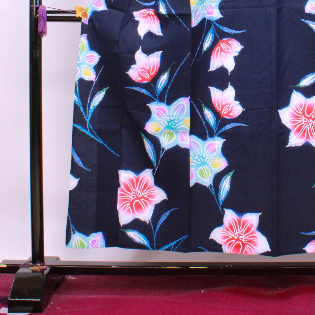 浴衣 濃紺色 花模様 木綿 Sランク 単衣 身丈154.5cm 裄丈69.5cm 紺系 1118004362218