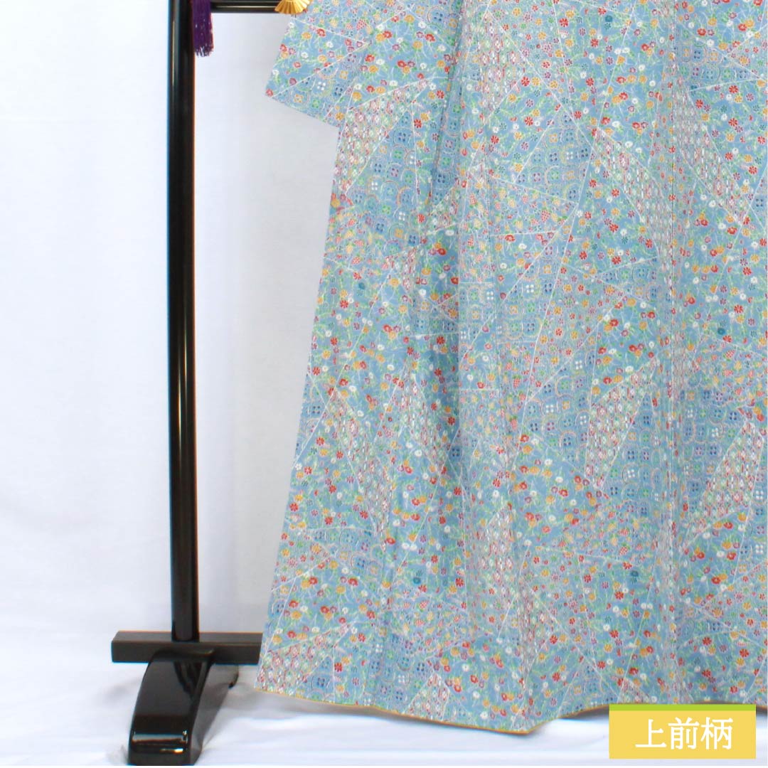 小紋 正絹 身丈164cm 裄丈63.5cm 袷 空色(そらいろ) 型染 割付 しつけ糸付き Sランク 水色系 1115005832424