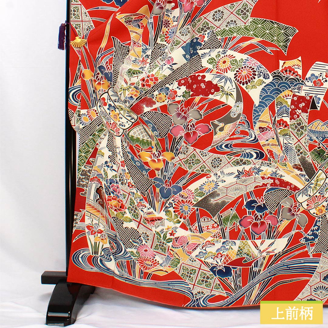 振袖 正絹 Sランク 身丈166cm 裄丈67cm 袷 赤色(あかいろ) 京紅型 束ね熨斗 ちりめん地 赤系 1113002412512