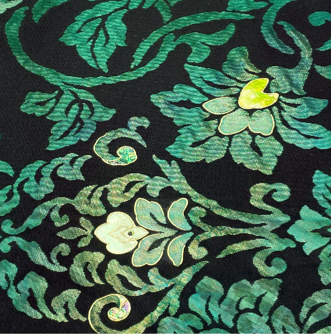 (未仕立)袋帯 黒色 花唐草 藤本隆士 螺鈿作家 帯丈466cm 正絹 NEWランク 六通 フォーマル 黒系 1123009051410