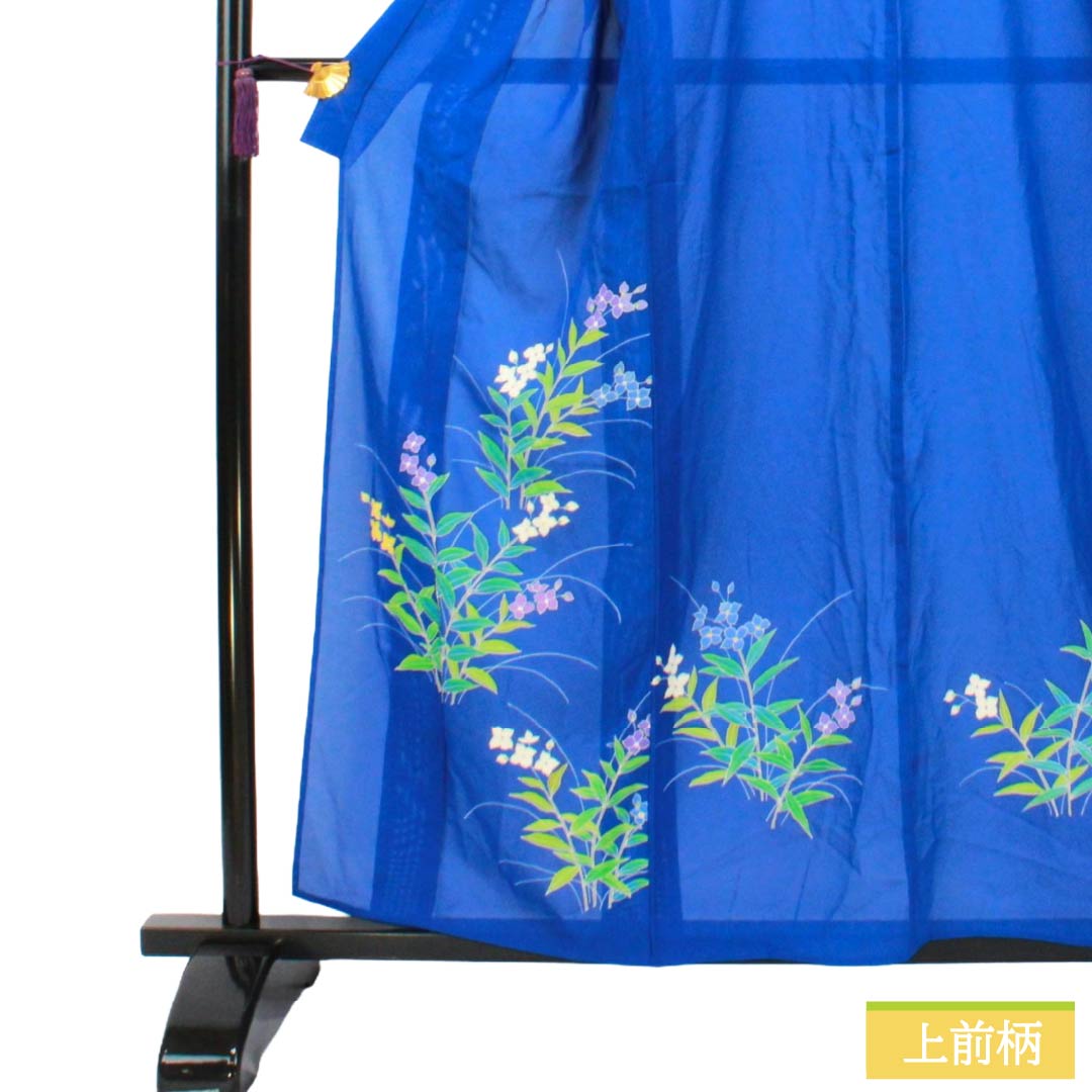 夏物 正絹 訪問着 Aランク 身丈157.5cm 裄丈64cm 瑠璃色(るりいろ) 付下げ 草花模様 京友禅 絽 青系 1132003753317