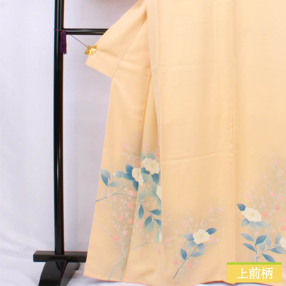 訪問着 正絹 Aランク 袷 身丈166.5cm 裄丈62.5cm 薄柿色(うすがきいろ) 京友禅 椿 橙系 1112006363526