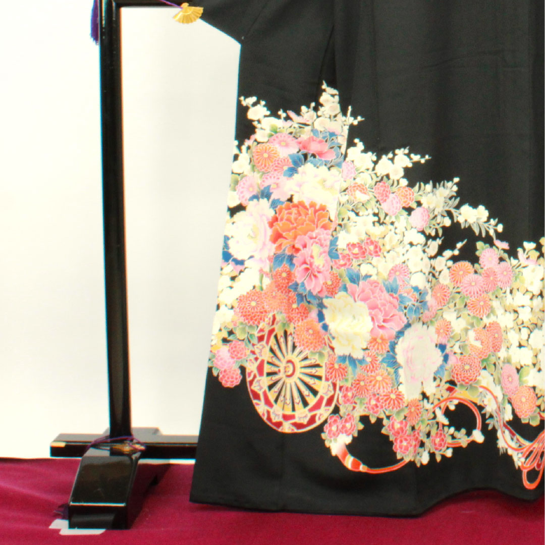 黒留袖 身丈165cm 裄丈62.5cm 袷 京友禅 花車 丸に五三桐 正絹 Sランク 五つ紋 黒系 1111000602510