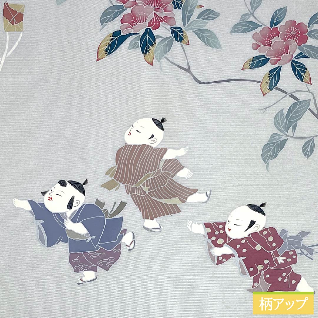 名古屋帯 正絹 Aランク 雲井鼠色(くもいねずいろ) 染め帯 童子 凧揚げ 帯丈372cm ポイント柄 カジュアル グレー系 1124009833322 名古屋仕立て