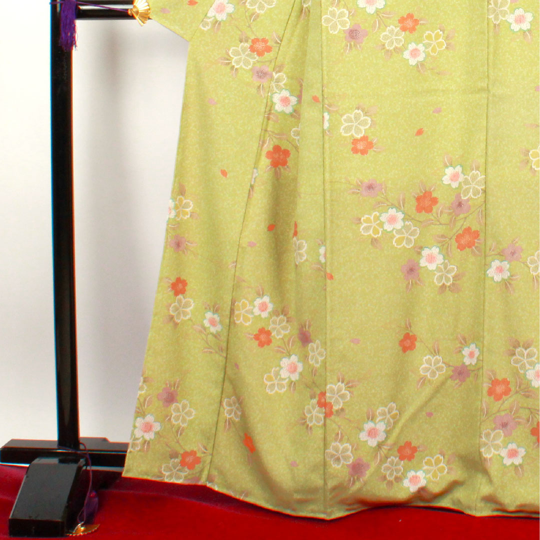 小紋 身丈164cm 裄丈64cm 袷 薄青朽葉色 洗える着物 桜 ポリ Sランク 緑系 1115002342419