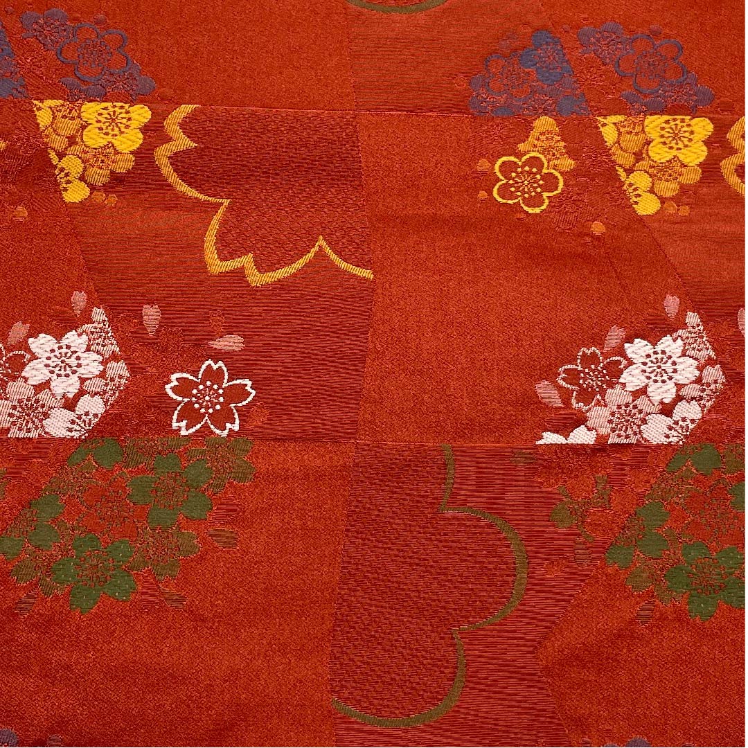 名古屋帯 京袋帯 生臙脂色 梅 桜 変わり市松 帯丈386.5cm ポリ Sランク 全通 セミフォーマル 朱系 1124003282316 開き仕立て