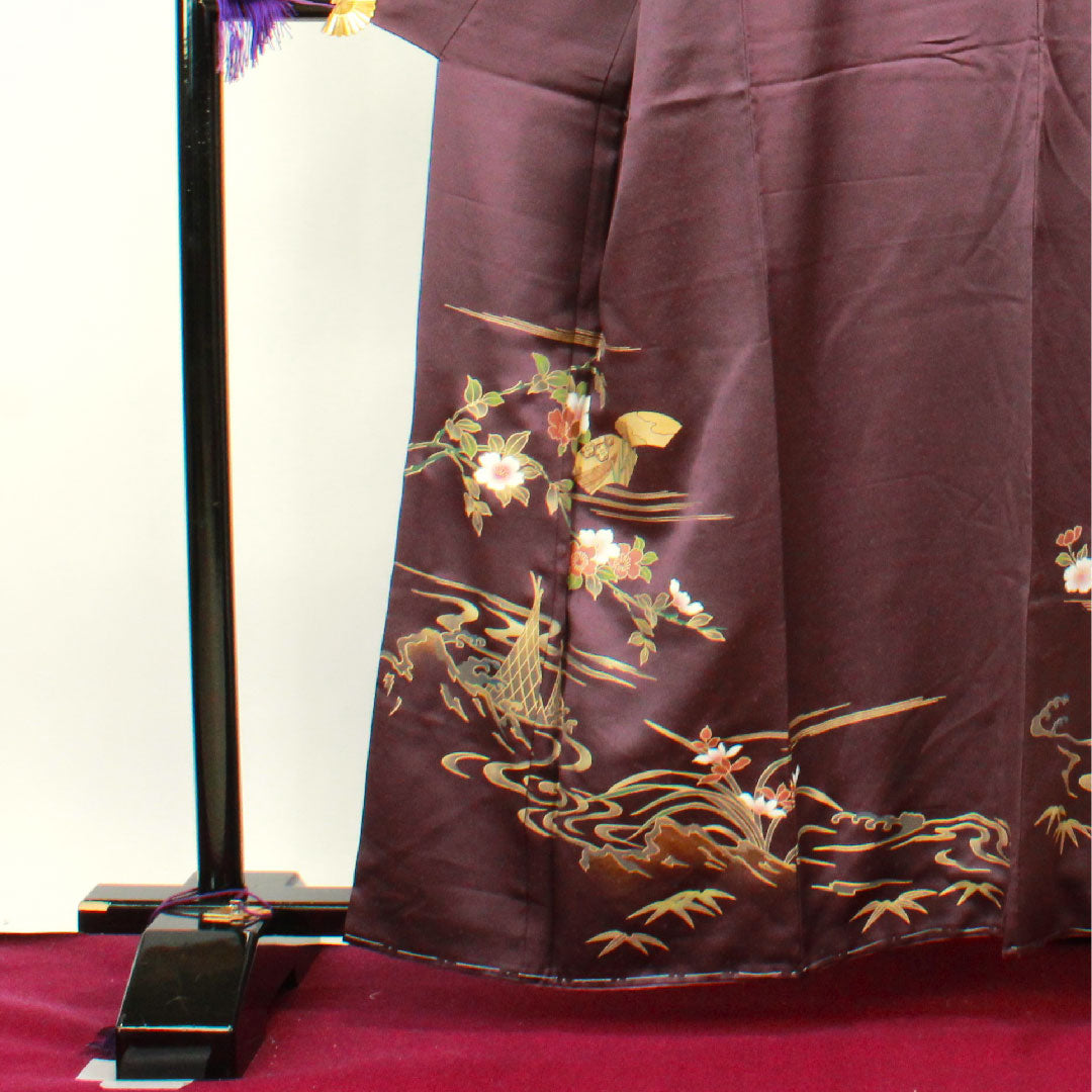 訪問着 袷 身丈160.5cm 裄丈65cm しつけ糸付き 深紫色 京友禅 草花模様 正絹 Aランク 紫系 1112002413420