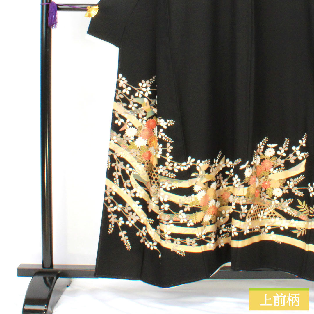 黒留袖 正絹 身丈154cm 裄丈65cm 袷 京友禅 鳳凰 束ね熨斗 五つ紋 片喰 Aランク 黒系 1111001583210