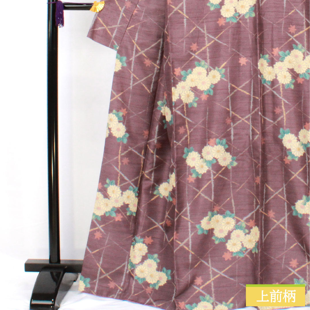 小紋 ポリエステル 身丈167.5cm 裄丈67cm 袷 滅紫色(けしむらさきいろ) 洗える着物 菊 Sランク 紫系 1115004592520