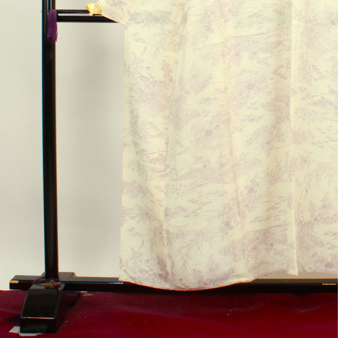 夏物 正絹 小紋 身丈154.5cm 裄丈63.5cm 乳白色(にゅうはくしょく) 松竹梅 菊 流水 絽 Sランク 白系 1132000642211
