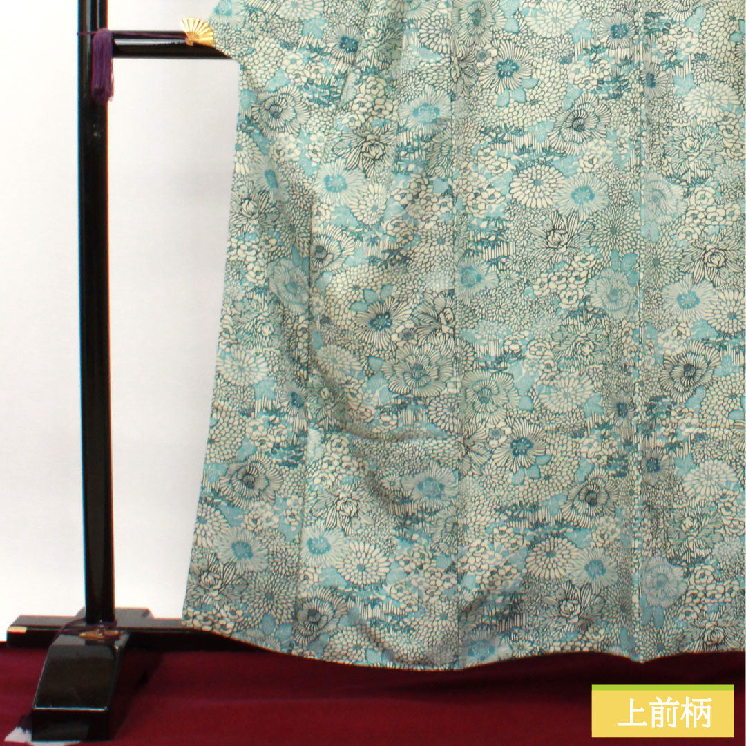 小紋 ポリエステル 身丈160.5cm 裄丈63.5cm 袷 卯の花色 型染 菊 竹 洗える着物 Sランク 白系 1115003752411