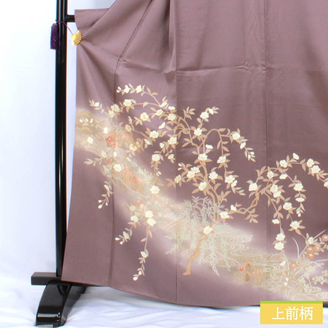 訪問着 正絹 Bランク 袷 身丈164cm 裄丈64.5cm 紅掛鼠色(べにかけねずいろ) 京友禅 一つ紋 草木 紫系 1112007044420