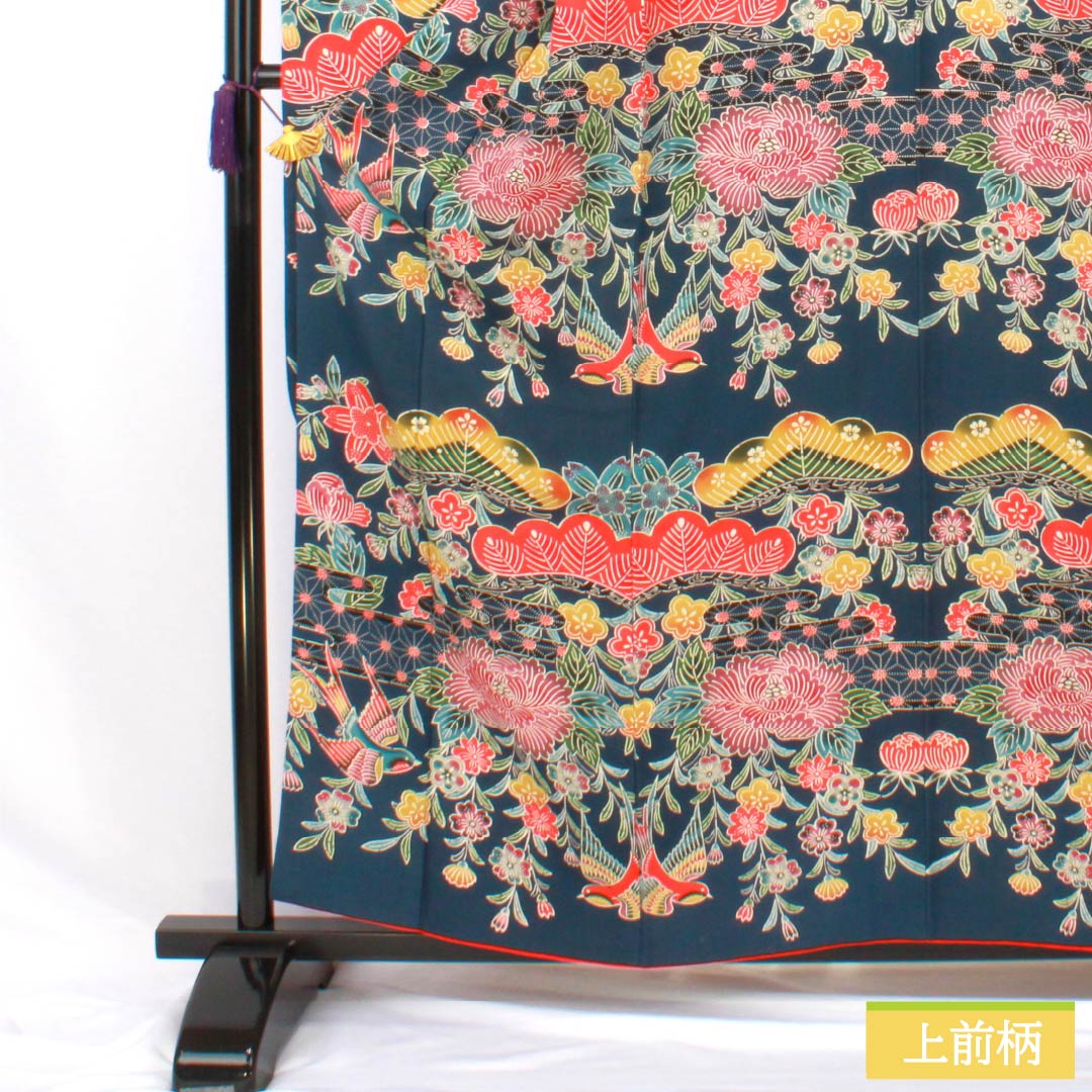 振袖 正絹 Aランク 身丈160cm 裄丈62.5cm 袷 印度藍色(いんどあいいろ) 京紅型 吉祥文様 松 牡丹 紺系 1113002453418