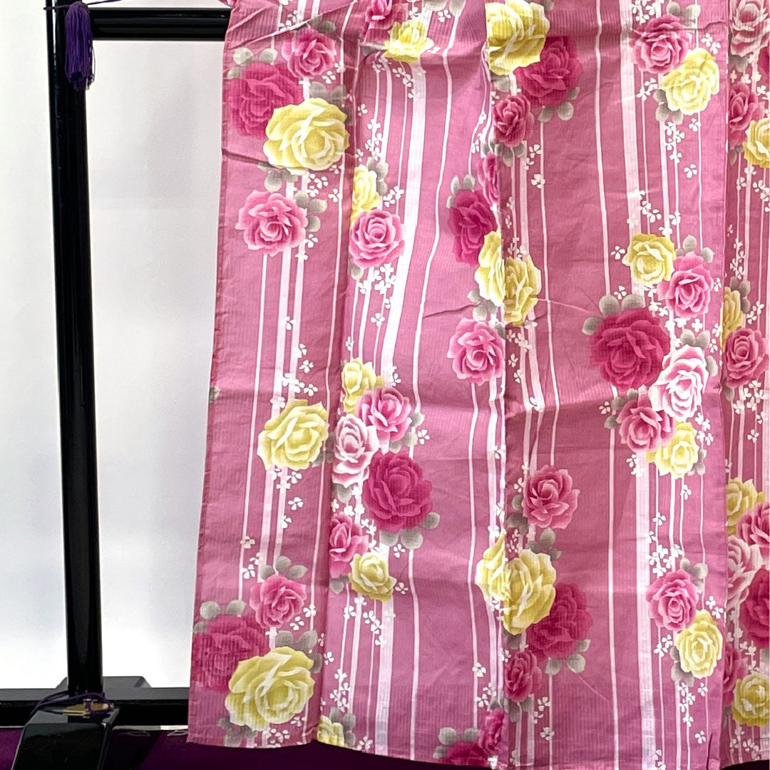 浴衣 撫子色 薔薇 縞 木綿 Aランク 単衣 身丈165.5cm 裄丈66cm ピンク系 1118002233513